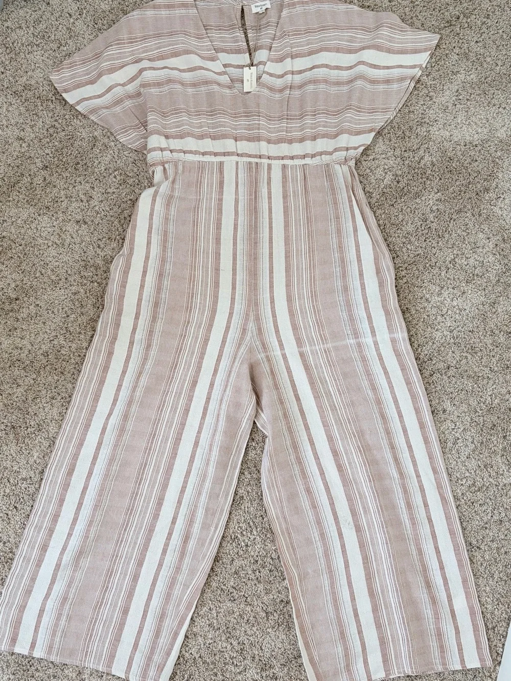 World Market Beige and White Striped Jumpsuit L/XL